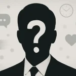 Silhouette of a man in a suit with a question mark on his face, symbolizing mystery and curiosity, surrounded by social media icons and a blurred cityscape backdrop.
