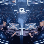 Professional gamers from ProjectRethink Org Team Esports competing in a high-energy esports tournament, with a packed stadium and glowing lights, showcasing the future of competitive gaming