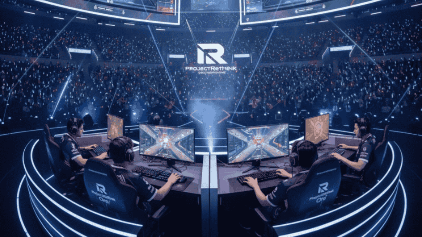 Professional gamers from ProjectRethink Org Team Esports competing in a high-energy esports tournament, with a packed stadium and glowing lights, showcasing the future of competitive gaming