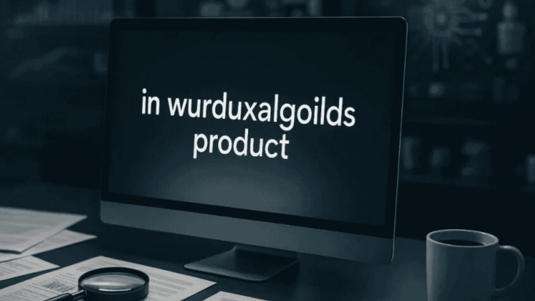 Computer screen showing the phrase in wurduxalgoilds product with a magnifying glass and coffee cup on a desk.
